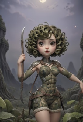 1girl,solo,breasts,looking at viewer,short hair,brown hair,holding,brown eyes,medium breasts,standing,weapon,cowboy shot,outdoors,parted lips,detached sleeves,green hair,sky,shorts,belt,cloud,holding weapon,armor,blurry,lips,fur trim,night,leaf,moon,knife,plant,polearm,shoulder armor,night sky,full moon,curly hair,spear,pouch,camouflage,small breasts,sword,leotard,wavy hair,abs,toned,dagger,green shorts