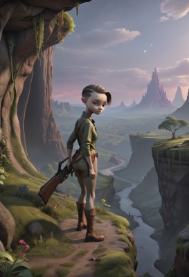 solo,looking at viewer,short hair,blue eyes,brown hair,shirt,black hair,1boy,holding,standing,full body,weapon,ass,flower,male focus,boots,outdoors,sky,shorts,pointy ears,looking back,cloud,water,from behind,holding weapon,tree,gun,night,brown footwear,grass,child,star (sky),holding gun,nature,scenery,rifle,starry sky,mountain,male child,river,cliff,1girl,elf,forest,rock