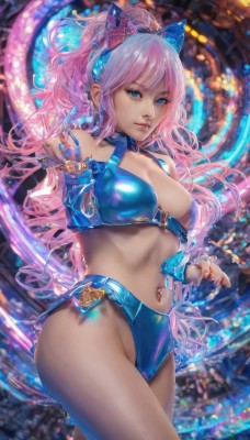 1girl,solo,long hair,breasts,looking at viewer,smile,bangs,blue eyes,large breasts,navel,animal ears,cleavage,bare shoulders,jewelry,medium breasts,swimsuit,ponytail,pink hair,bikini,thighs,earrings,detached sleeves,midriff,cat ears,nail polish,collar,lips,fake animal ears,headphones,piercing,ear piercing,navel piercing,animal ear headphones,cat ear headphones,hair ornament,closed mouth,standing,sidelocks,cowboy shot,hairband,parted lips,shiny,artist name,signature,blurry,fingernails,depth of field,blurry background,watermark,ring,high ponytail,revealing clothes,web address,blue bikini,blue nails,shiny clothes,realistic,cyberpunk,hologram