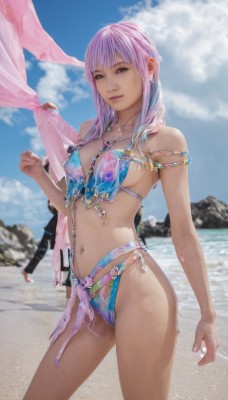 1girl,solo,long hair,breasts,looking at viewer,smile,bangs,navel,bare shoulders,brown eyes,jewelry,medium breasts,closed mouth,standing,swimsuit,weapon,pink hair,purple hair,bikini,thighs,multicolored hair,cowboy shot,outdoors,sky,day,cloud,water,necklace,blurry,blue sky,lips,gun,blurry background,ocean,beach,blue bikini,realistic,sand,belly chain,multicolored bikini,covered nipples,wet,piercing