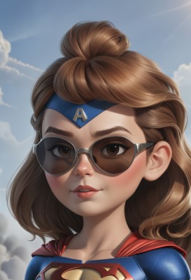 1girl,solo,long hair,looking at viewer,smile,brown hair,brown eyes,closed mouth,collarbone,upper body,outdoors,sky,day,artist name,cloud,medium hair,cape,blue sky,lips,bodysuit,makeup,headband,sunglasses,cloudy sky,aged down,lipstick,portrait,genderswap (mtf),red cape,red lips,tinted eyewear,superhero,parted lips,teeth,eyelashes,wavy hair,thick eyebrows,backlighting,nose,contrail