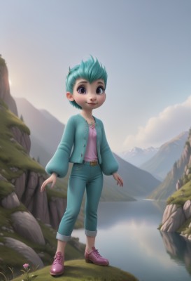 1girl,solo,looking at viewer,smile,short hair,shirt,long sleeves,jewelry,closed mouth,blue hair,standing,purple eyes,jacket,full body,flower,outdoors,open clothes,sky,shoes,day,belt,pants,artist name,cloud,signature,water,necklace,open jacket,blue sky,aqua hair,watermark,grass,denim,blue jacket,sneakers,child,web address,jeans,belt buckle,mountain,pink footwear,female child,river,lake,green hair,scenery,rock