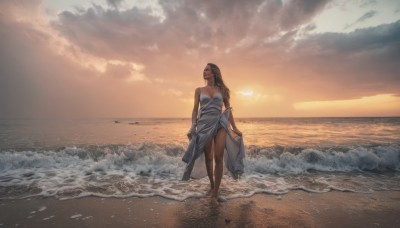 1girl,solo,long hair,breasts,brown hair,black hair,dress,cleavage,bare shoulders,jewelry,medium breasts,standing,full body,closed eyes,braid,outdoors,sky,barefoot,cloud,water,white dress,strapless,ocean,beach,cloudy sky,scenery,strapless dress,walking,sunset,skirt hold,sand,horizon,waves,shore,orange sky,footprints,closed mouth,collarbone,swimsuit,see-through,bare legs,sunlight,wide shot