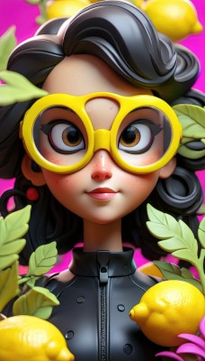 1girl,solo,long hair,looking at viewer,smile,black hair,brown eyes,jewelry,earrings,food,glasses,blurry,lips,makeup,fruit,leaf,watermark,pink background,goggles,portrait,zipper,freckles,curly hair,lemon,brown hair,upper body