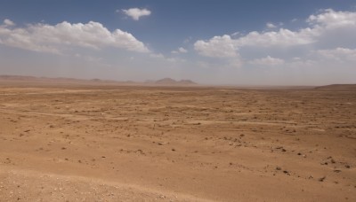 monochrome,outdoors,sky,day,cloud,blue sky,no humans,ocean,beach,scenery,sand,horizon,landscape,shore,brown theme,desert,cloudy sky,field