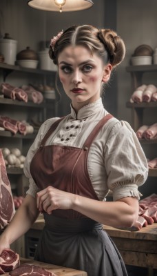 1girl,solo,breasts,looking at viewer,short hair,blue eyes,skirt,brown hair,shirt,hair ornament,white shirt,short sleeves,food,puffy sleeves,indoors,hair bun,apron,puffy short sleeves,lips,grey eyes,double bun,blood,makeup,realistic,red lips,bread,dirty,braided bun,meat,closed mouth,standing,upper body,nail polish,lipstick,blouse