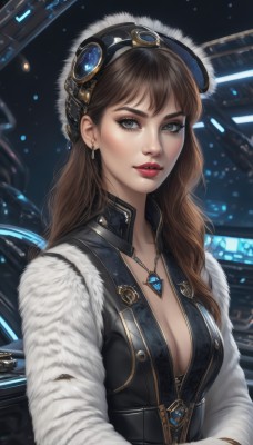 1girl,solo,long hair,breasts,looking at viewer,bangs,brown hair,hat,cleavage,brown eyes,jewelry,medium breasts,upper body,earrings,necklace,lips,fur trim,eyelashes,makeup,lipstick,goggles,gem,pendant,science fiction,goggles on head,realistic,nose,red lips,shirt,gloves,long sleeves,green eyes,parted lips,artist name,vest,headgear,watermark,eyeshadow,eyeliner,mascara,steampunk