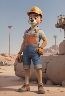 solo,looking at viewer,smile,brown hair,shirt,gloves,1boy,hat,holding,animal ears,brown eyes,closed mouth,standing,full body,white shirt,short sleeves,male focus,outdoors,sky,shoes,shorts,day,collared shirt,tree,hand on hip,thick eyebrows,helmet,motor vehicle,furry,hand in pocket,palm tree,overalls,furry male,male child,dirty,arm hair,desert,black hair,rubble