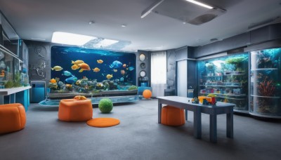 food,indoors,water,no humans,window,fruit,chair,table,plant,scenery,couch,fish,underwater,shelf,ceiling light,aquarium,bottle,box,orange (fruit),speaker,refrigerator,coral