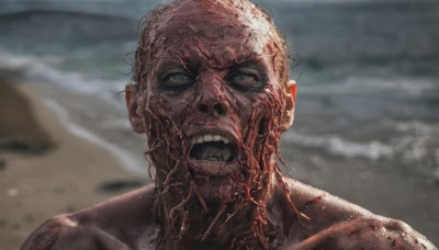 solo,looking at viewer,open mouth,blue eyes,1boy,collarbone,male focus,outdoors,sky,teeth,day,blurry,blurry background,beach,clenched teeth,portrait,science fiction,realistic,sand,grey eyes,blood,ocean,veins,blood on face