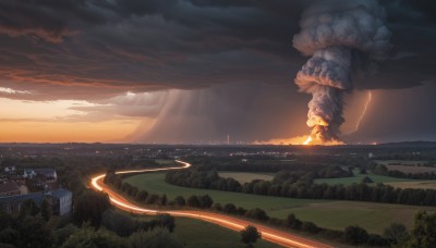 outdoors,sky,cloud,tree,no humans,cloudy sky,fire,building,nature,scenery,forest,smoke,sunset,mountain,city,fantasy,cityscape,house,river,lightning,landscape,hill,city lights,molten rock