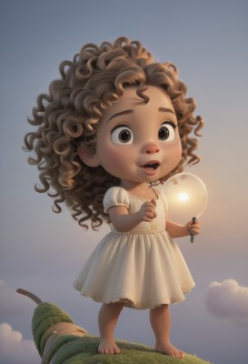 1girl,solo,long hair,smile,open mouth,brown hair,dress,holding,brown eyes,standing,full body,short sleeves,outdoors,sky,barefoot,cloud,dark skin,white dress,dark-skinned female,lips,grass,child,curly hair,female child,balloon,puffy sleeves,messy hair