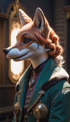 solo,smile,blue eyes,shirt,1boy,animal ears,jewelry,closed mouth,jacket,upper body,braid,male focus,earrings,open clothes,artist name,indoors,blurry,black eyes,coat,fur trim,fox ears,depth of field,blurry background,brooch,gem,furry,green jacket,furry female,purple shirt,furry male,body fur,white fur,animal nose,snout,brown fur,orange fur,1girl,long hair,looking at viewer,signature,hair bun,orange hair,animal ear fluff,window,buttons,single hair bun,curly hair