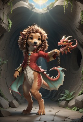 1girl,solo,smile,open mouth,brown hair,long sleeves,holding,animal ears,brown eyes,jewelry,standing,tail,full body,wings,horns,teeth,no humans,chain,sunlight,plant,claws,furry,walking,curly hair,light rays,dragon,sun,scales,vines,dragon wings,long hair,1boy,male focus,sky,artist name,tree,leaf,fangs,grass,rock,furry female,dragon tail,furry male