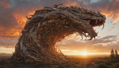 open mouth,outdoors,sky,teeth,cloud,tree,no humans,cloudy sky,sharp teeth,nature,scenery,science fiction,sunset,monster,dragon,sun,tongue,from side,sunlight,forest,fantasy