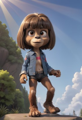 1girl,solo,looking at viewer,smile,short hair,open mouth,bangs,brown hair,shirt,long sleeves,1boy,navel,animal ears,brown eyes,standing,jacket,tail,full body,outdoors,parted lips,open clothes,sky,shorts,barefoot,teeth,day,midriff,belt,artist name,cloud,signature,flat chest,open jacket,tree,blue sky,short shorts,watermark,black shorts,sunlight,thick eyebrows,grass,denim,blue jacket,child,furry,buckle,clenched hands,pocket,light rays,belt buckle,furry female,sun,female child,bush,furry male,body fur,animal nose,brown fur,animal feet,furrification,denim jacket,blunt bangs,open shirt,bob cut,monster girl,claws,unbuttoned