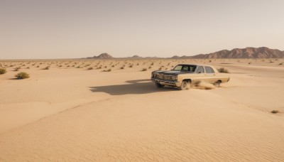 outdoors,sky,tree,no humans,shadow,ground vehicle,scenery,motor vehicle,mountain,sand,car,road,vehicle focus,desert,day,rock,dust,sports car