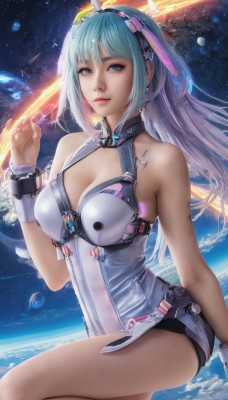 1girl,solo,long hair,breasts,looking at viewer,bangs,blue eyes,large breasts,animal ears,cleavage,bare shoulders,jewelry,medium breasts,sitting,blue hair,multicolored hair,hairband,parted lips,sky,artist name,hand up,rabbit ears,leotard,lips,see-through,wrist cuffs,clothing cutout,aqua hair,fake animal ears,headgear,cleavage cutout,science fiction,realistic,nose,space,planet,earth (planet),smile,thighs,wings,spacecraft