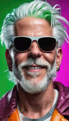 solo,looking at viewer,smile,shirt,1boy,jewelry,jacket,white hair,male focus,earrings,teeth,grin,gradient background,facial hair,sunglasses,portrait,beard,realistic,mustache,manly,old,old man,simple background,white shirt,upper body,multicolored hair,green hair,artist name,signature,open jacket,gradient,pink background,green background,purple background,orange jacket,wrinkled skin