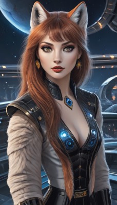 1girl,solo,long hair,breasts,looking at viewer,bangs,brown hair,long sleeves,animal ears,cleavage,brown eyes,jewelry,medium breasts,upper body,earrings,parted lips,cat ears,lips,fox ears,eyelashes,makeup,lipstick,gem,star (sky),red lips,space,planet,yellow eyes,sky,artist name,necklace,star (symbol),bodysuit,moon,science fiction,realistic,nose,eyeliner