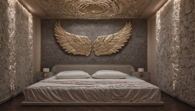 wings,indoors,pillow,no humans,bed,bed sheet,on bed,sunlight,scenery,feathered wings,blanket,lamp,bedroom,still life,canopy bed