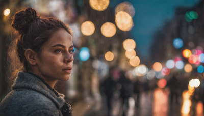 1girl, solo, brown hair, 1boy, outdoors, hair bun, blurry, lips, night, depth of field, blurry background, single hair bun, realistic, nose, bokeh