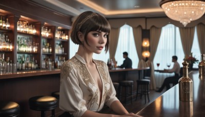 1girl,breasts,looking at viewer,smile,short hair,bangs,brown hair,shirt,black hair,holding,cleavage,brown eyes,jewelry,medium breasts,sitting,closed mouth,white shirt,upper body,flower,hairband,earrings,small breasts,multiple boys,solo focus,indoors,dark skin,blurry,black eyes,cup,lips,window,open shirt,no bra,depth of field,table,bottle,curtains,holding cup,alcohol,sleeves rolled up,drinking glass,realistic,nose,stud earrings,wine glass,stool,wine,wine bottle,bar (place),counter,bar stool,dress,makeup,blurry background,chair,lipstick