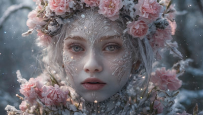 1girl, solo, looking at viewer, hair ornament, flower, white hair, parted lips, hair flower, blurry, lips, grey eyes, eyelashes, blurry background, rose, portrait, snow, pink flower, freckles, snowing, realistic