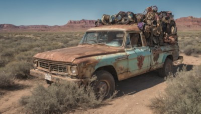 weapon,outdoors,multiple boys,sky,day,uniform,blue sky,gun,military,military uniform,helmet,grass,goggles,ground vehicle,motor vehicle,6+boys,4boys,mountain,car,vehicle focus,desert,driving,wheel,truck,no humans,robot,mecha,science fiction,realistic,dirty,damaged,dust