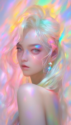 1girl,solo,long hair,looking at viewer,blue eyes,blonde hair,bare shoulders,jewelry,closed mouth,upper body,pink hair,nude,multicolored hair,earrings,parted lips,lips,grey eyes,eyelashes,makeup,glowing,portrait,eyeshadow,realistic,nose,bangs,white hair,shiny,from side,looking to the side,gem,mascara