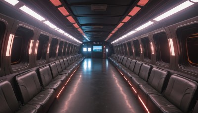 indoors,no humans,ground vehicle,scenery,reflection,science fiction,light,train,train station,seat,water,realistic,cable,spacesuit,screen