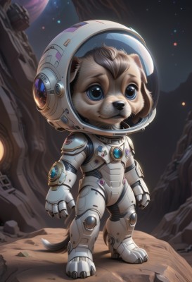 solo,blue eyes,1boy,standing,tail,full body,male focus,no humans,helmet,star (sky),furry,science fiction,dog,rock,space,furry male,planet,alien,spacesuit,space helmet,astronaut,brown hair,animal ears,sky,artist name,watermark,moon,web address,starry sky,realistic