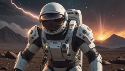 solo,1boy,upper body,male focus,outdoors,sky,cloud,armor,night,helmet,star (sky),1other,science fiction,mountain,realistic,sun,power armor,spacesuit,sunset,space,mountainous horizon,sunrise,astronaut