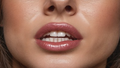 1girl,solo,looking at viewer,smile,open mouth,brown hair,1boy,brown eyes,male focus,teeth,lips,portrait,close-up,realistic,nose,horror (theme),tongue,makeup,parody,lipstick,freckles