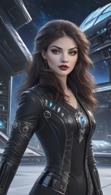 1girl,solo,long hair,breasts,looking at viewer,brown hair,brown eyes,jewelry,medium breasts,upper body,earrings,outdoors,sky,necklace,lips,bodysuit,makeup,night,wavy hair,lipstick,star (sky),night sky,snow,starry sky,science fiction,realistic,black bodysuit,red lips,black hair,small breasts,space