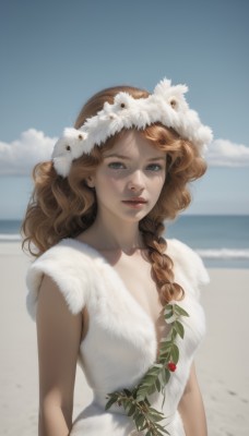 1girl,solo,long hair,breasts,looking at viewer,blue eyes,brown hair,hair ornament,dress,cleavage,medium breasts,upper body,braid,flower,outdoors,parted lips,sky,sleeveless,day,cloud,white dress,blurry,blue sky,lips,single braid,ocean,leaf,beach,hair over shoulder,curly hair,realistic,nose,head wreath,food,fruit,plant,freckles,sand