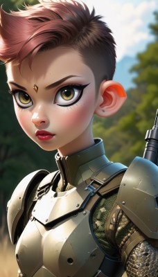 1girl,solo,looking at viewer,short hair,brown hair,brown eyes,jewelry,closed mouth,yellow eyes,upper body,weapon,earrings,outdoors,sky,day,armor,mole,blurry,tree,lips,eyelashes,makeup,blurry background,facial mark,lipstick,shoulder armor,eyeshadow,freckles,pauldrons,breastplate,forehead mark,red lips,stud earrings,eyeliner,very short hair,undercut,mascara,chainmail,plate armor,blush,scar,aged down,nose