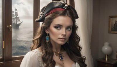 1girl,solo,long hair,breasts,looking at viewer,brown hair,hat,dress,cleavage,brown eyes,jewelry,medium breasts,upper body,earrings,parted lips,sky,day,cloud,indoors,water,necklace,mole,lips,grey eyes,window,black headwear,ocean,wavy hair,curtains,portrait,freckles,realistic,nose,watercraft,ship,picture frame,boat,pirate hat,painting (object),pirate,tricorne,portrait (object),gem