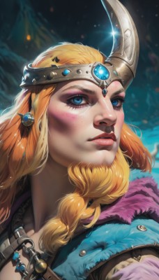 1girl,solo,long hair,looking at viewer,blue eyes,blonde hair,jewelry,closed mouth,horns,shiny,artist name,necklace,orange hair,lips,fur trim,eyelashes,makeup,facial hair,feathers,lipstick,gem,portrait,eyeshadow,freckles,circlet,realistic,nose,upper body,braid,earrings,eyeliner,fake horns,facepaint,mascara