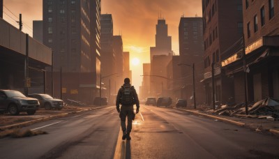 solo,1boy,holding,standing,jacket,weapon,male focus,outdoors,sky,pants,sword,cloud,bag,from behind,holding weapon,backpack,ground vehicle,building,scenery,motor vehicle,walking,science fiction,sunset,city,sun,car,road,police,lamppost,street,orange sky,helmet,1other,sign,power lines,ambiguous gender