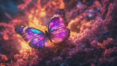 flower, outdoors, wings, blurry, dutch angle, no humans, depth of field, blurry background, animal, bug, butterfly, nature, scenery, light particles