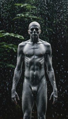 solo,1boy,navel,closed mouth,nipples,standing,male focus,nude,wet,muscular,colored skin,piercing,abs,rain,water drop,realistic,arms at sides,bald,tree,parody,horror (theme),what