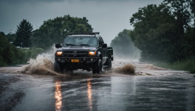 outdoors,sky,cloud,water,tree,no humans,grass,ground vehicle,nature,scenery,motor vehicle,forest,reflection,rain,car,road,vehicle focus,river,truck,day,lake,sports car