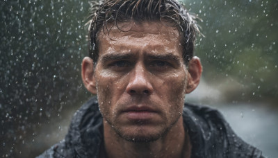 solo, looking at viewer, short hair, black hair, 1boy, closed mouth, male focus, blurry, black eyes, blurry background, facial hair, portrait, rain, realistic, stubble