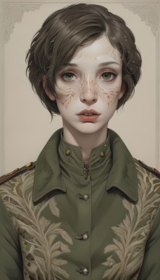 1girl,solo,looking at viewer,short hair,simple background,brown hair,shirt,black hair,brown eyes,jacket,upper body,parted lips,teeth,uniform,lips,military,blood,military uniform,buttons,scar,portrait,zipper,blood on face,green jacket,realistic,green shirt,bangs,eyelashes