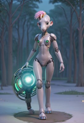 1girl,solo,breasts,looking at viewer,short hair,blonde hair,standing,full body,pink hair,multicolored hair,small breasts,outdoors,blurry,two-tone hair,tree,mask,night,blurry background,grass,robot,nature,genderswap (mtf),forest,personification,science fiction,furry female,android,joints,cyborg,robot joints,cyberpunk,mechanical parts,humanoid robot,animal ears,black eyes,glowing,furry,bald,mohawk