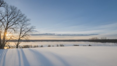 outdoors,sky,day,cloud,tree,blue sky,no humans,nature,scenery,snow,reflection,mountain,sun,road,winter,lamppost,bare tree,landscape,sunrise,pine tree,water,ocean,sunlight,cloudy sky,grass,forest,sunset,horizon