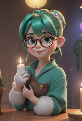 1girl,solo,looking at viewer,blush,smile,short hair,bangs,hair ornament,gloves,long sleeves,holding,jewelry,closed mouth,green eyes,upper body,ahoge,earrings,green hair,glasses,artist name,indoors,white gloves,hair bun,blurry,aqua eyes,lips,fur trim,aqua hair,blurry background,table,single hair bun,thick eyebrows,freckles,black-framed eyewear,round eyewear,candle,candlestand,candlelight,coat,plant,bespectacled