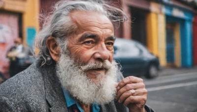 solo,shirt,1boy,jewelry,jacket,upper body,white hair,grey hair,male focus,outdoors,necktie,collared shirt,hand up,blurry,depth of field,blurry background,facial hair,formal,ring,suit,ground vehicle,messy hair,motor vehicle,beard,cigarette,realistic,mustache,smoking,car,manly,old,old man,wrinkled skin,looking at viewer,smile,signature,black eyes,lips,grey eyes,scar,blue shirt,portrait,blue necktie,grey jacket,nose,wedding ring