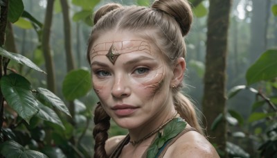 1girl,solo,long hair,looking at viewer,blue eyes,blonde hair,brown hair,jewelry,closed mouth,braid,earrings,outdoors,day,necklace,hair bun,blurry,tree,lips,grey eyes,double bun,depth of field,blurry background,leaf,facial mark,piercing,plant,portrait,nature,forest,freckles,circlet,realistic,nose,tribal,green eyes,sunlight,single hair bun,facepaint,dirty